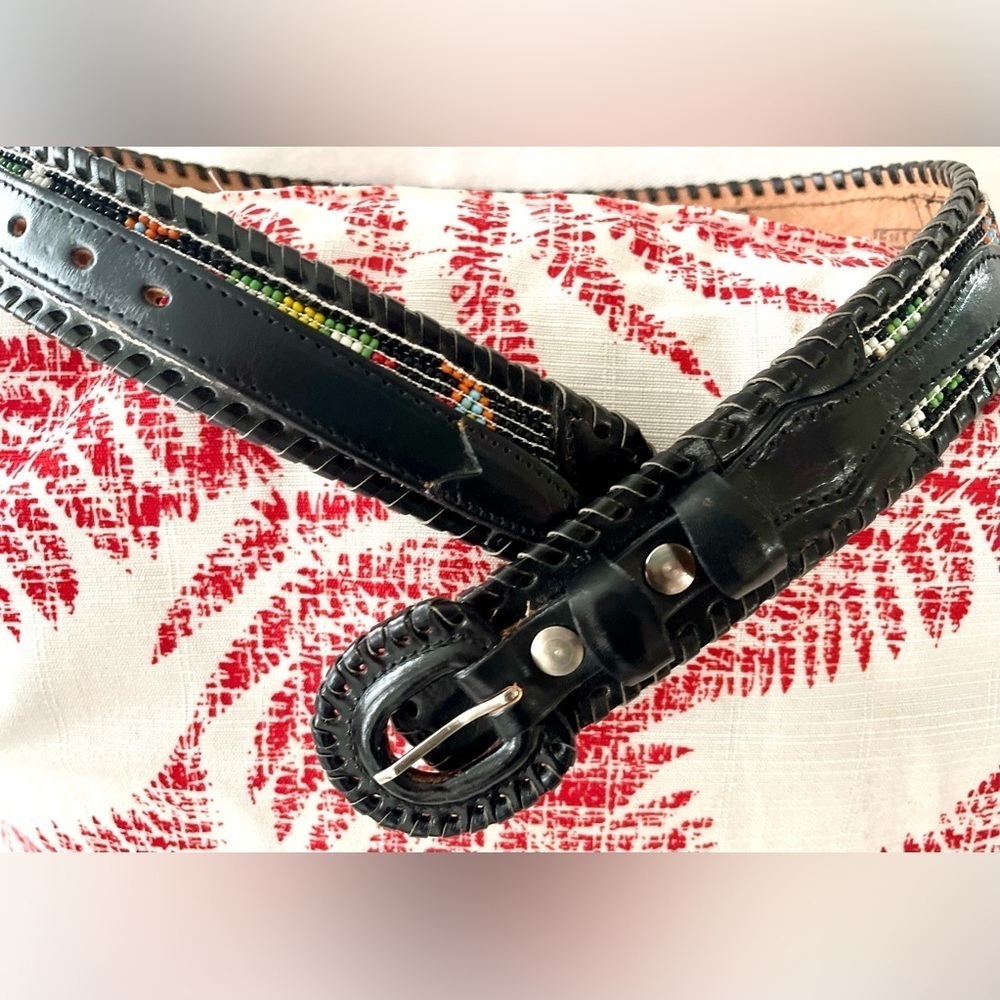 Vintage Belt Leather Beaded Native American Black MultiColor Size Small Navajo